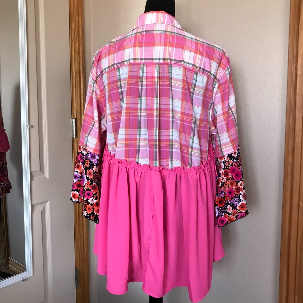 Handmade Upcycled Boho Tunic, Pink Ruffled Patchwork Top Size Large - Picture 7 of 13